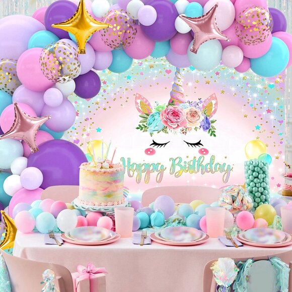 Unicorn Birthday Decoration Set - Backdrop, Balloons, Table Cloth - Picture 4 of 5